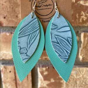 Long Leaf Turquoise & Flower Light-Blue Embossed Colors Faux Leather Earrings